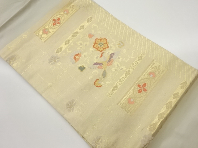 JAPANESE KIMONO / NAGOYA OBI / SILK / WOVEN FLOWERS & BIRDS & STRIPE & FLORAL ARABESQUE